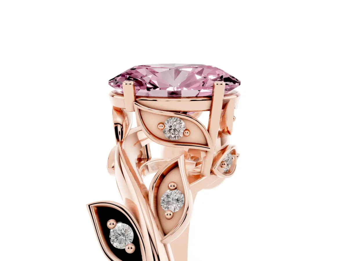 Fancy Pink Oval Cut Solitaire Twist Engagement Ring with Leaf Accents and Prong Setting Rose gold