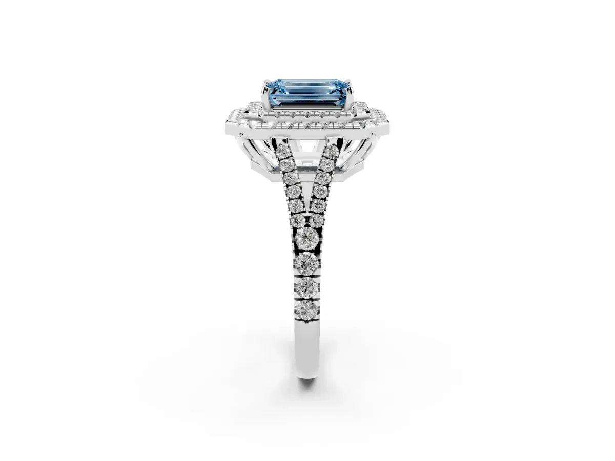 Fancy Blue Emerald Cut Diamond Double Halo Ring with Pavé Band and Prong Setting Silver