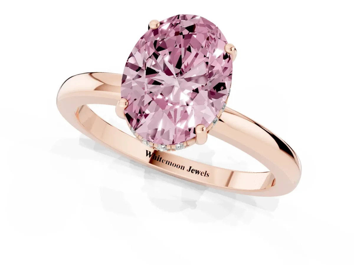 Fancy Pink Oval Cut Solitaire Diamond Ring with Prong Setting and Plain Band Rose gold
