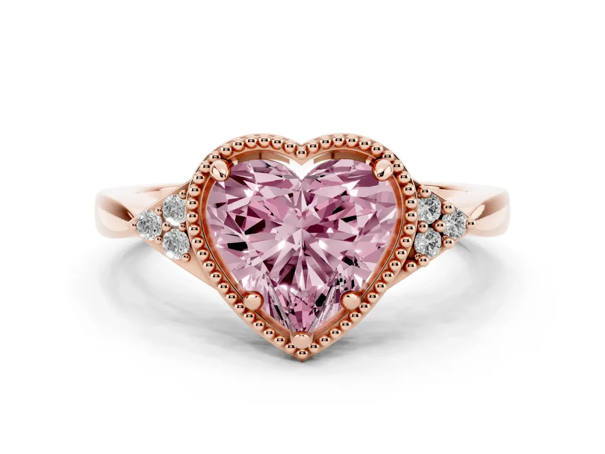 Fancy Pink Heart Cut Diamond Halo Ring with Tapered Band and Four-Prong Setting Rose gold