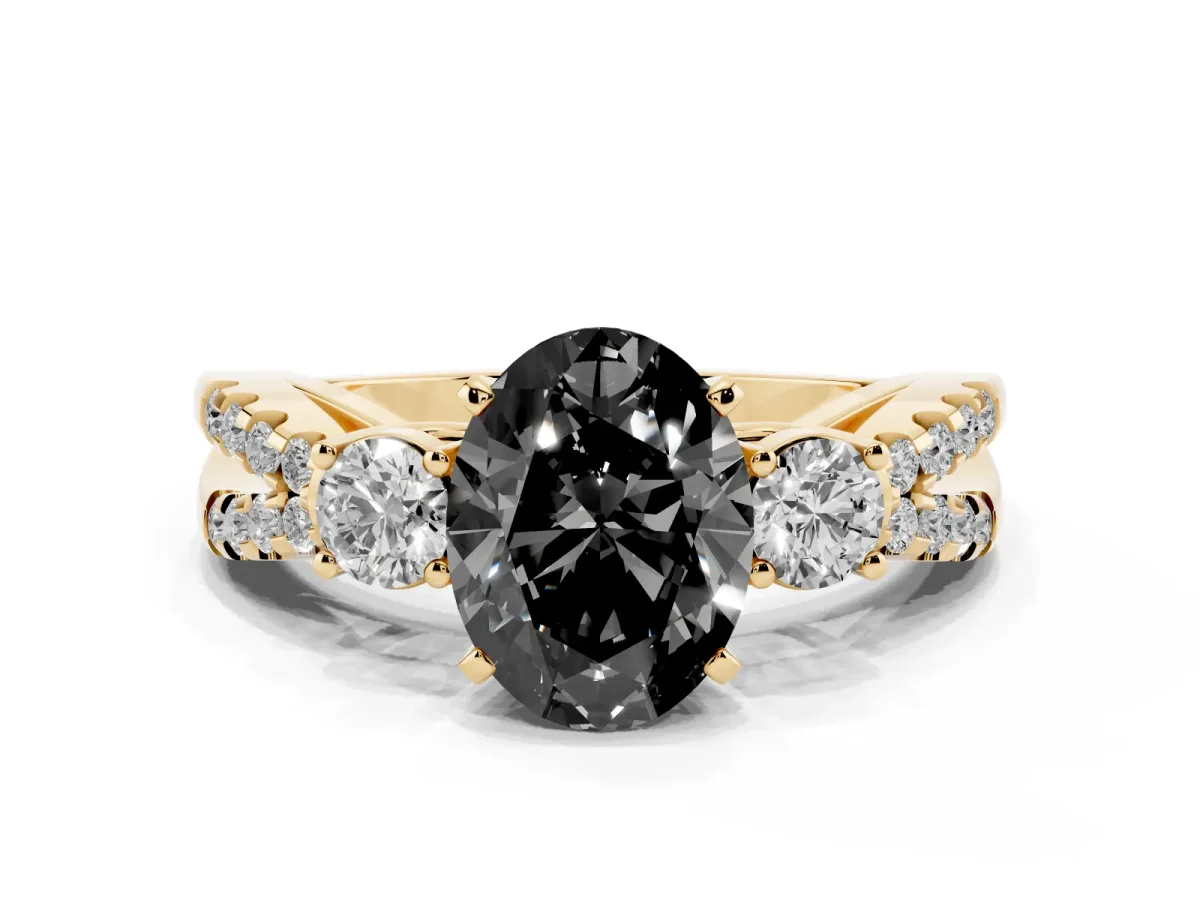 Fancy Black Oval Cut Diamond Three-Stone Ring with Pavé Split Shank and Four-Prong Setting Yellow gold