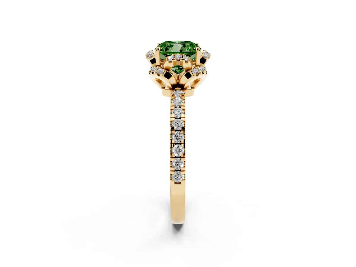 Fancy Green Cushion Cut Halo Diamond Pave Band Ring with Four-Prong Setting Yellow gold