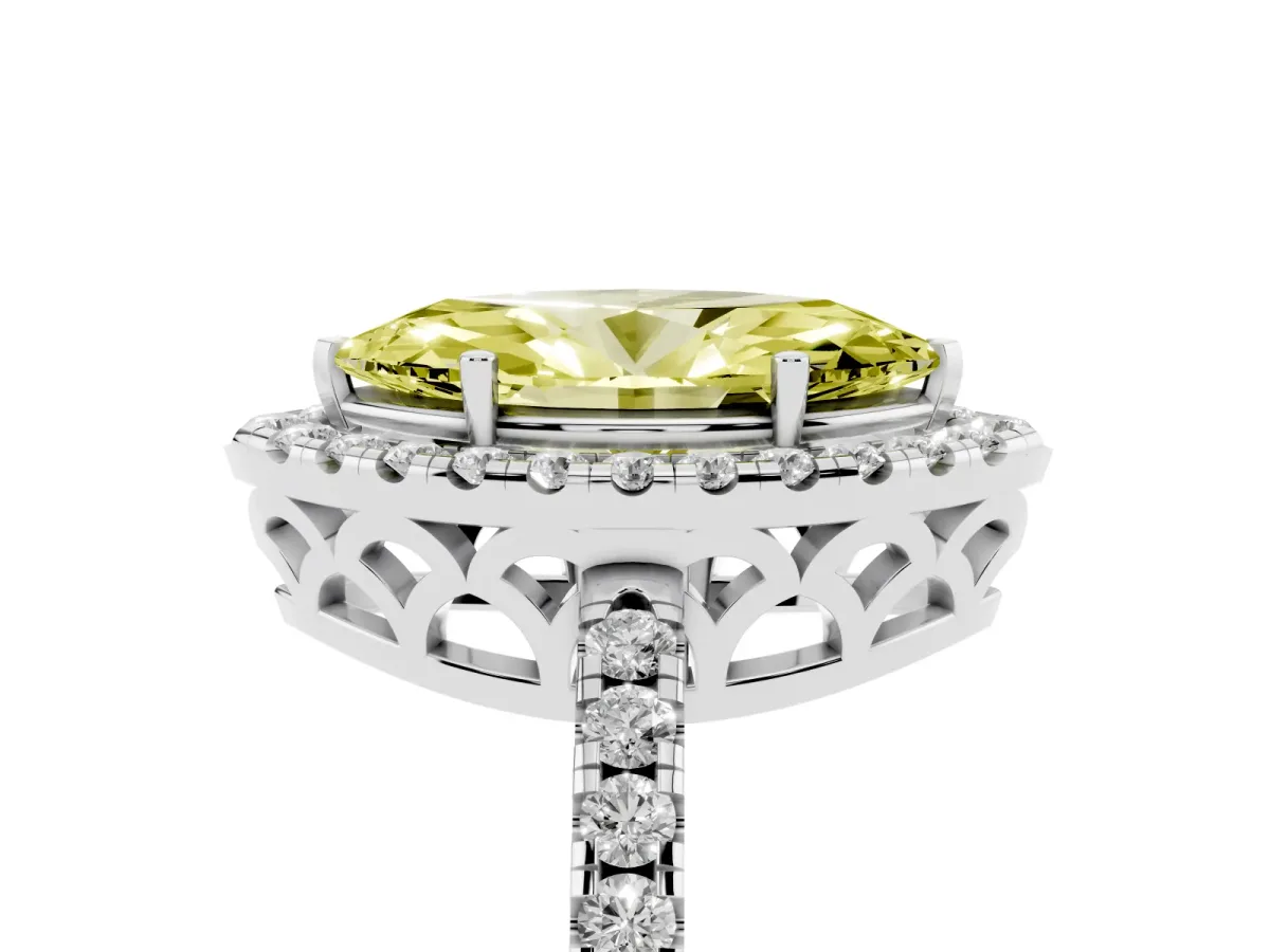 Fancy Yellow Marquise Cut Halo Diamond Engagement Ring with Pavé Band and Four-Prong Setting Silver