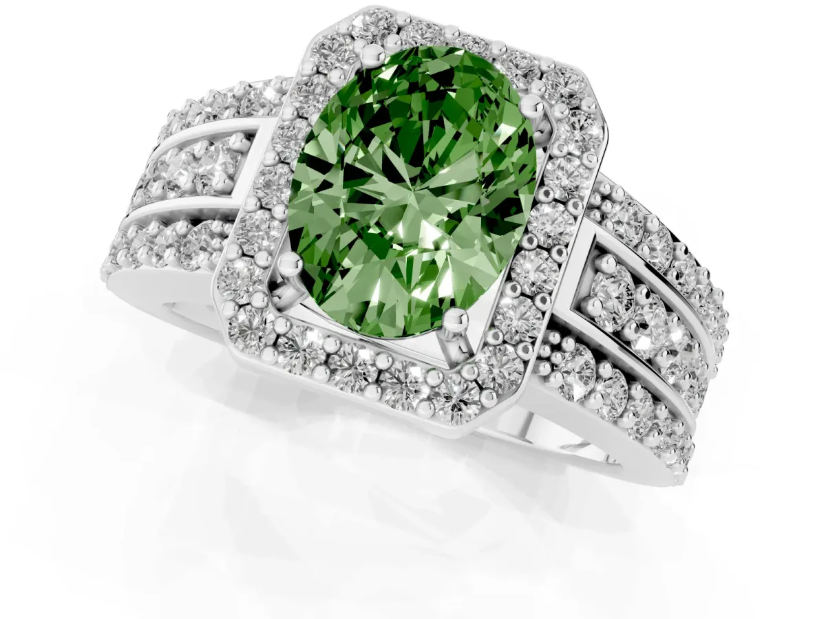 Fancy Green Oval Cut Halo Diamond Ring with Round Split Shank and Prong Setting Silver