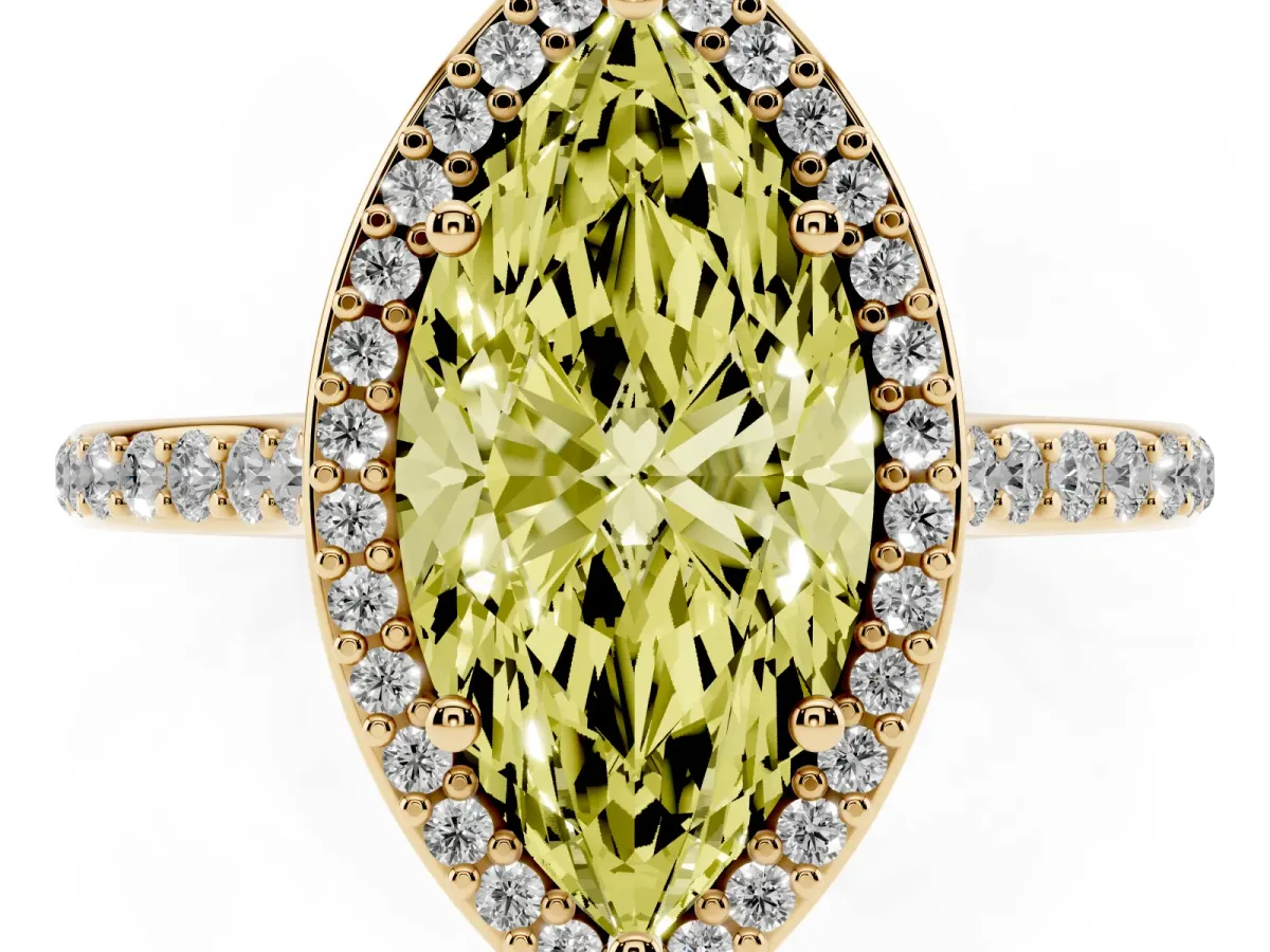 Fancy Yellow Marquise Cut Diamond Halo Engagement Ring with Round Pavé Shoulders and Prong Setting Yellow gold