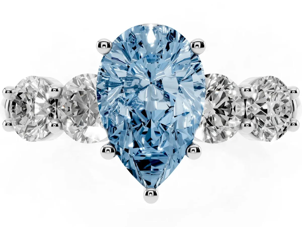 Fancy Blue Pear Cut Cut Five-Stone Prong Set Diamond Ring with Classic Band Platinum
