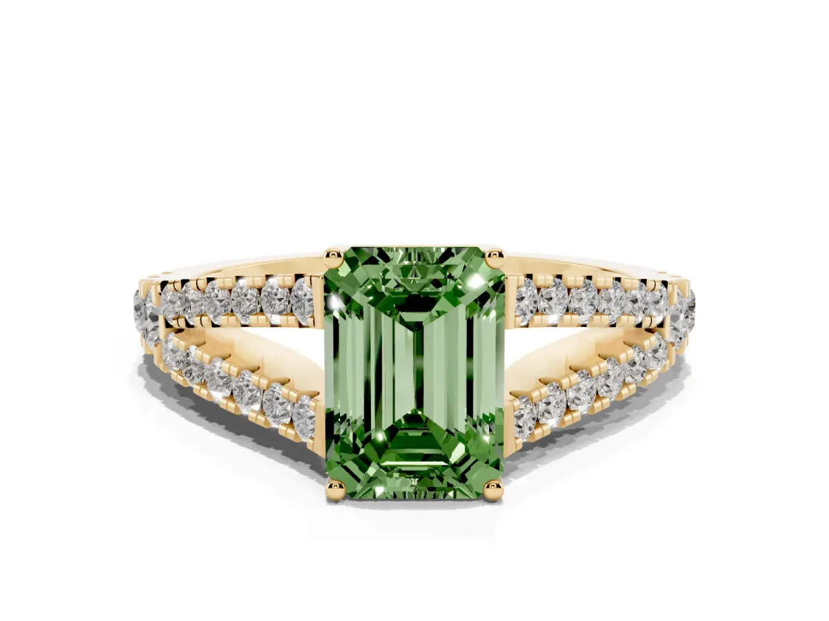 Fancy Green Emerald Cut Diamond Split Shank Pavé Engagement Ring with Four-Prong Setting Yellow gold