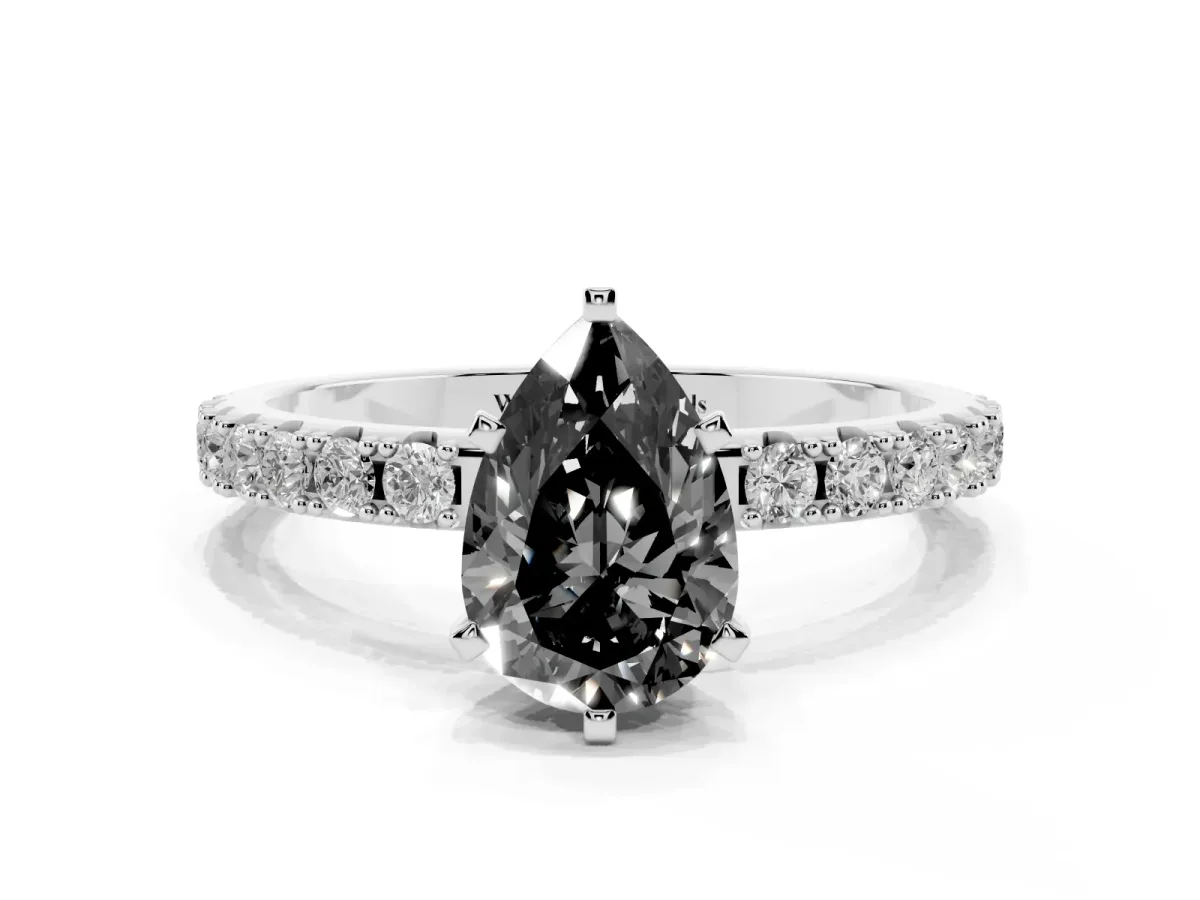 Fancy Black Pear Cut Diamond Solitaire Pavé Band with Four-Prong Setting Silver