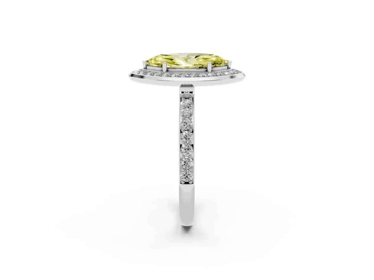 Fancy Yellow Marquise Cut Diamond Halo Ring with Bezel Frame and Pavé Band Platinum