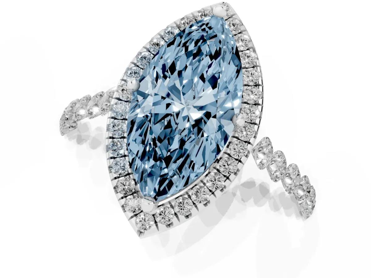 Fancy Blue Marquise Cut Halo Pavé Diamond Engagement Ring with Four-Prong Setting Platinum