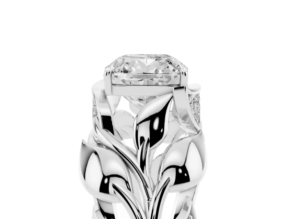 Cushion Cut Diamond Leaf-Inspired Engagement Ring with Round Accents and Prong Setting Silver