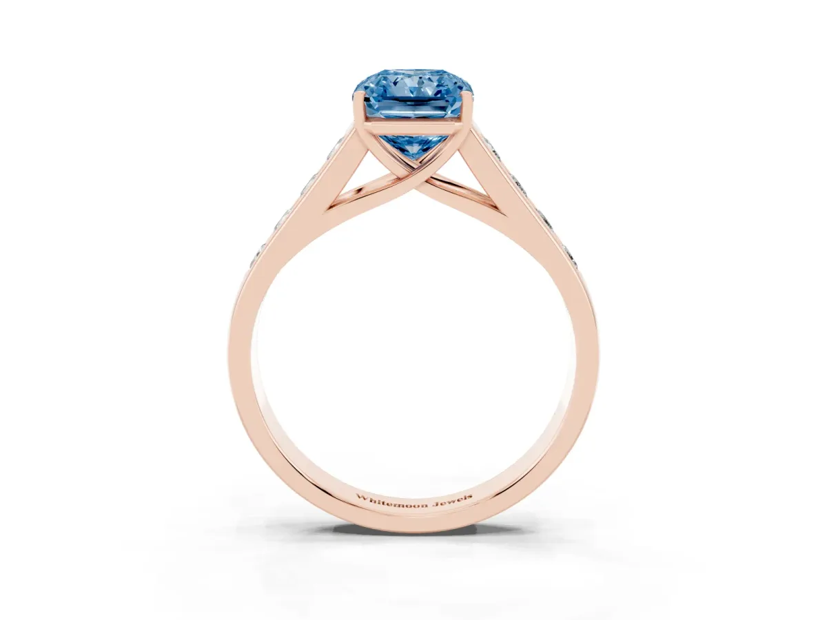 Fancy Blue Radiant Cut Solitaire Channel-Set Diamond Engagement Ring with Four-Prong Setting Rose gold