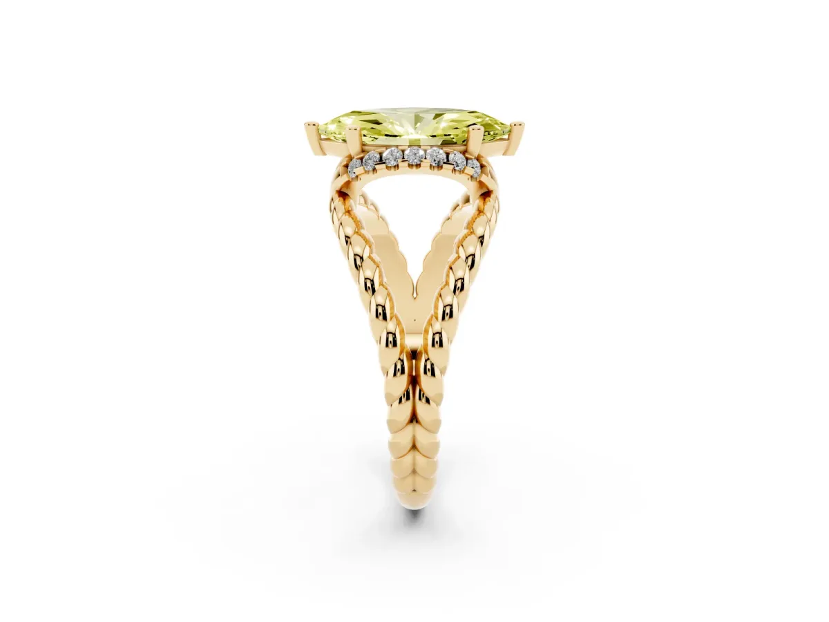 Fancy Yellow Marquise Cut Halo Twisted Band Four-Prong Ring Yellow gold