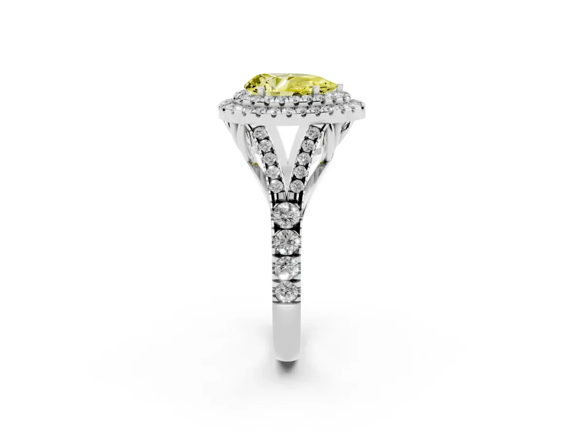 Fancy Yellow Pear Cut Diamond Double Halo Ring with Split Shank and Prong Setting Platinum