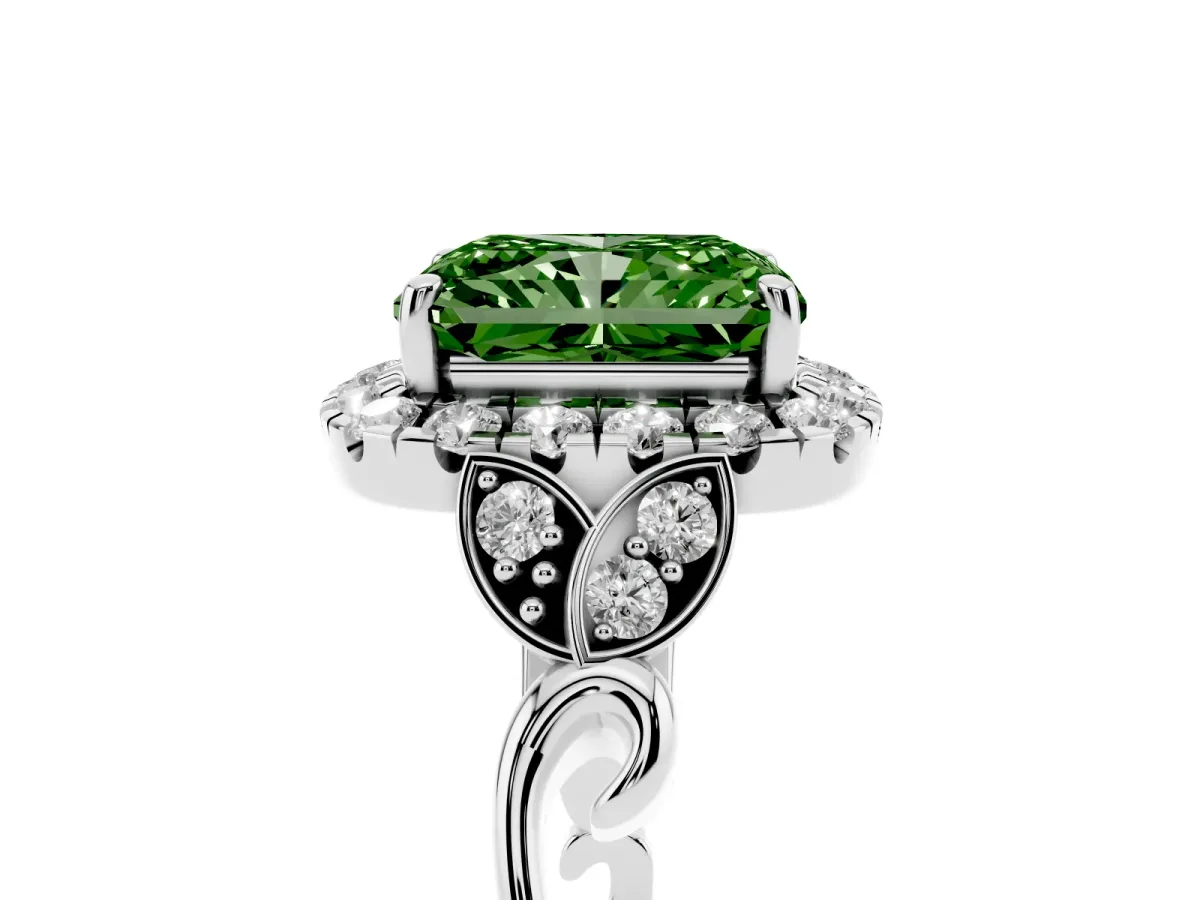 Fancy Green Radiant Cut Halo Diamond Engagement Ring with Vintage-Inspired Band and Four-Prong Setting White gold