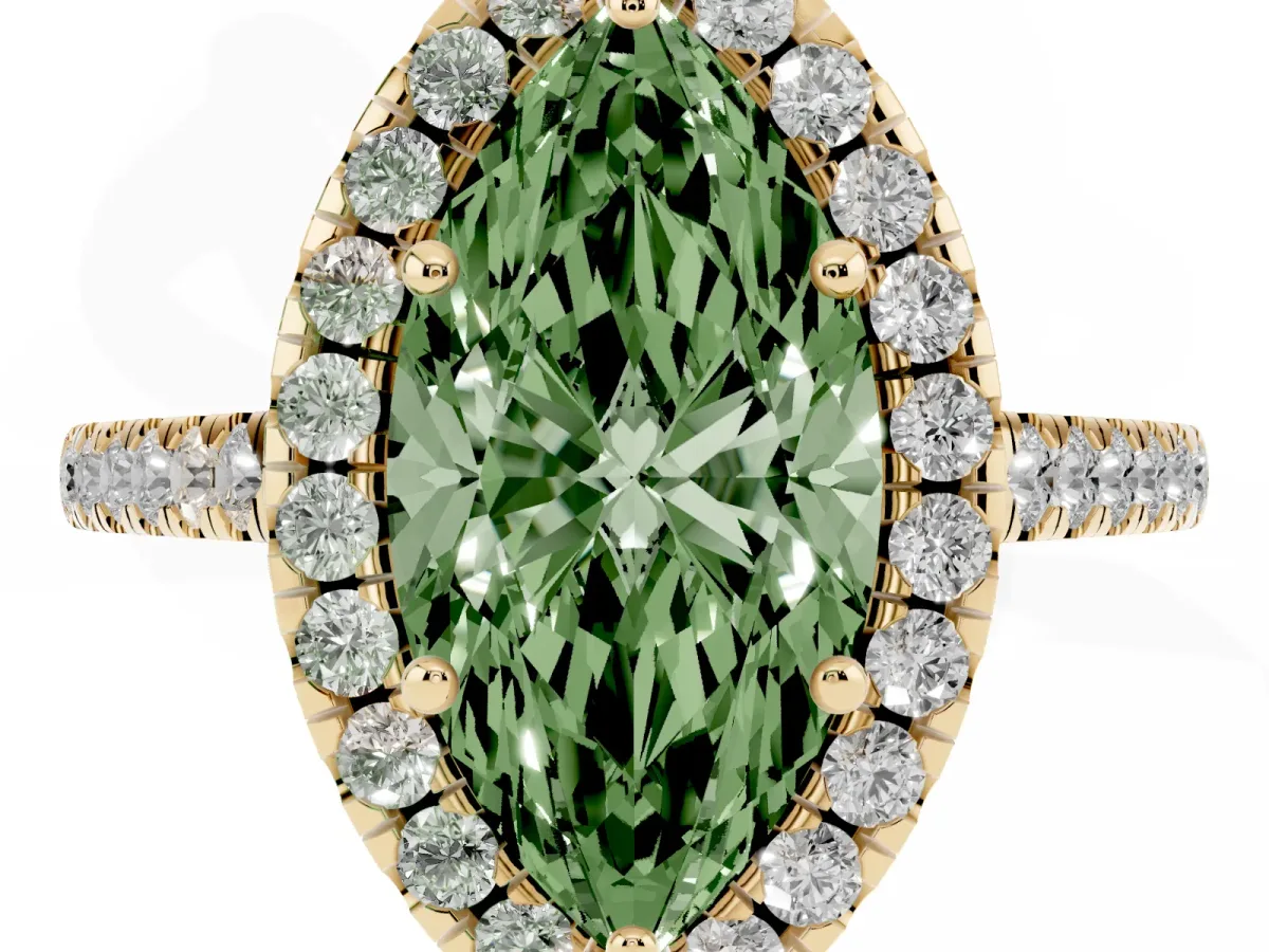 Fancy Green Marquise Cut Halo Pavé Diamond Engagement Ring with Four-Prong Setting Yellow gold