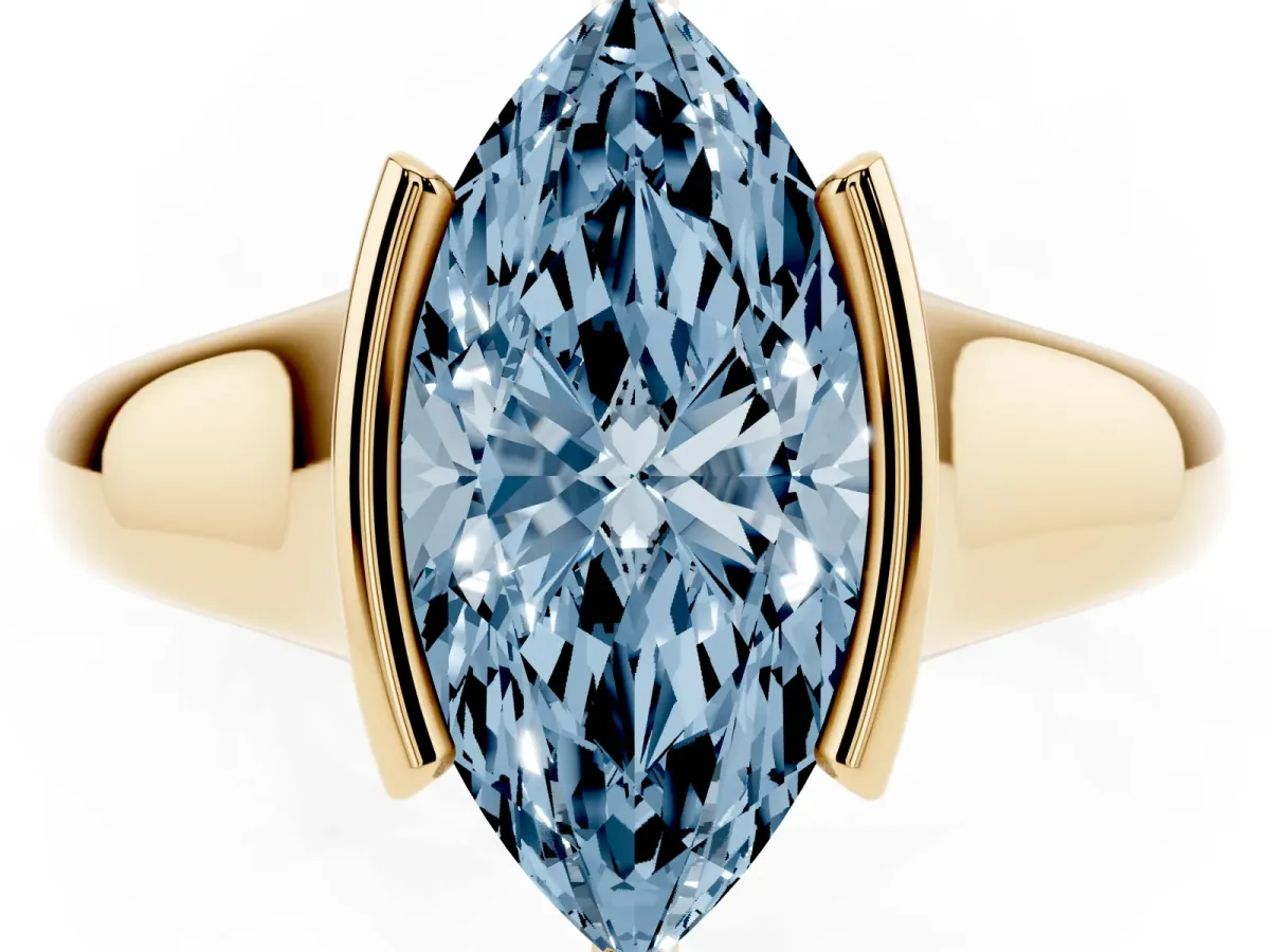 Fancy Blue Marquise Cut Solitaire Tension Set Diamond Ring with Split Shank Band Yellow gold