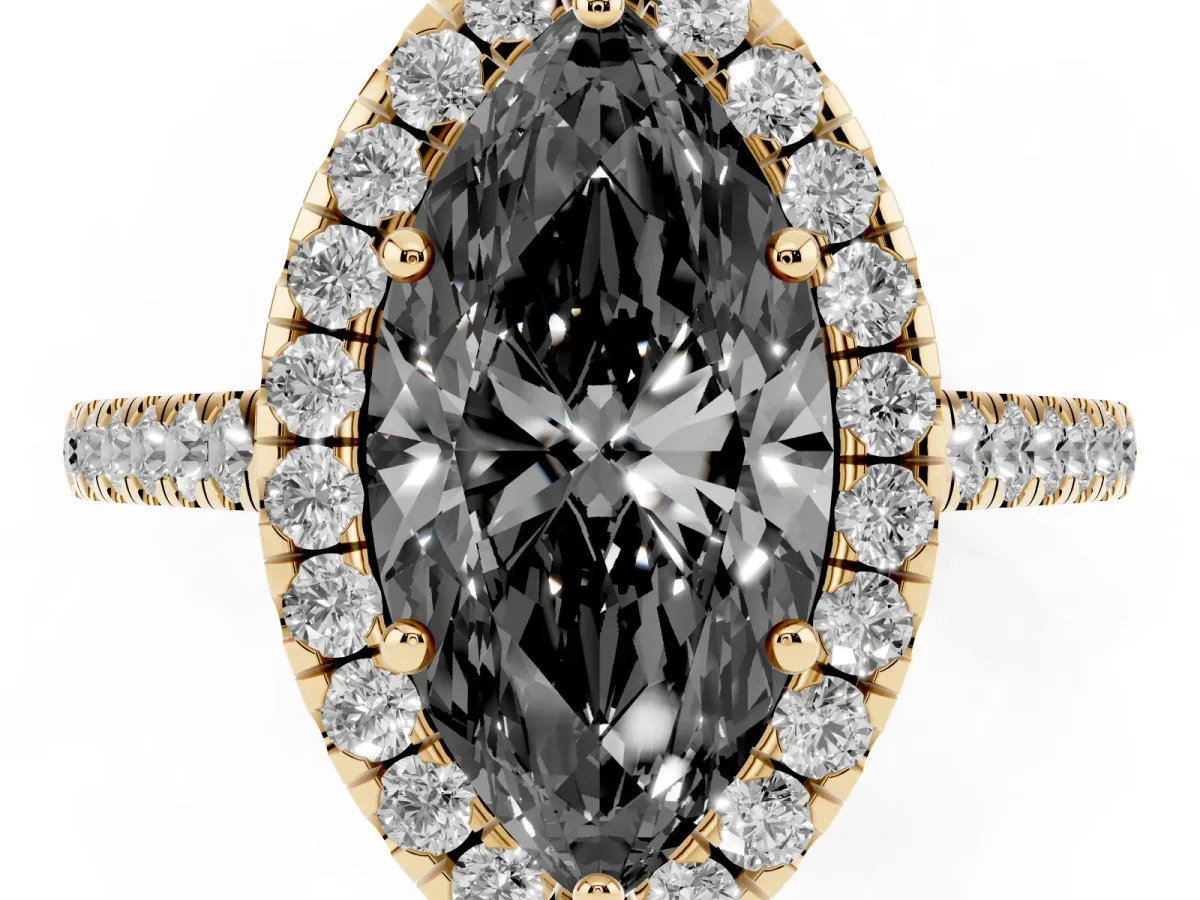 Fancy Black Marquise Cut Halo Pave Diamond Engagement Ring with Four-Prong Setting Yellow gold