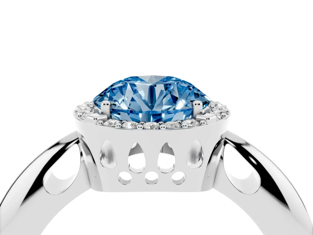 Fancy Blue Round Cut Cut Diamond Halo Engagement Ring with Split Shank and Four-Prong Setting Silver