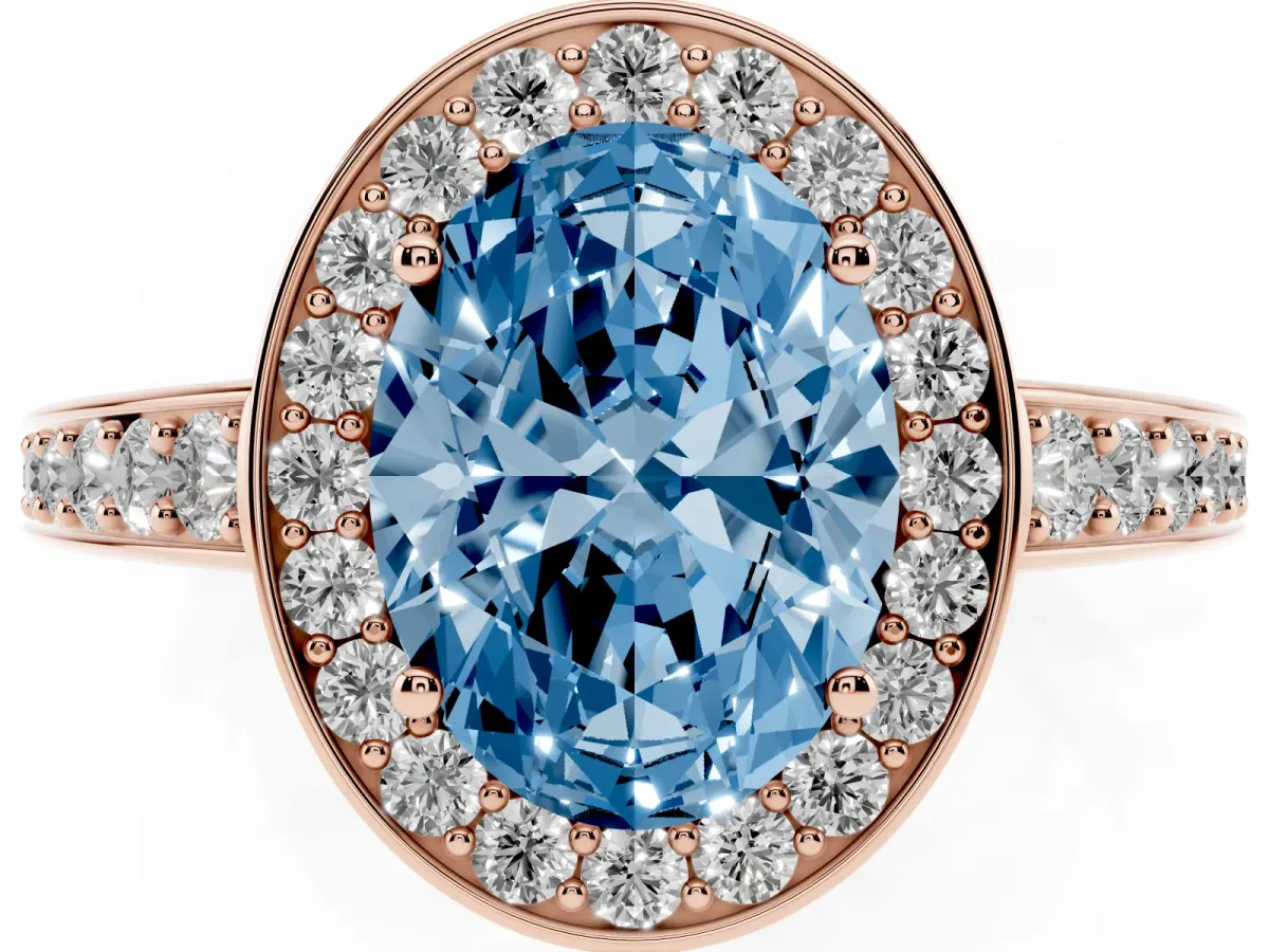 Fancy Blue Oval Cut Halo Pavé Diamond Engagement Ring with Bezel Setting Rose gold