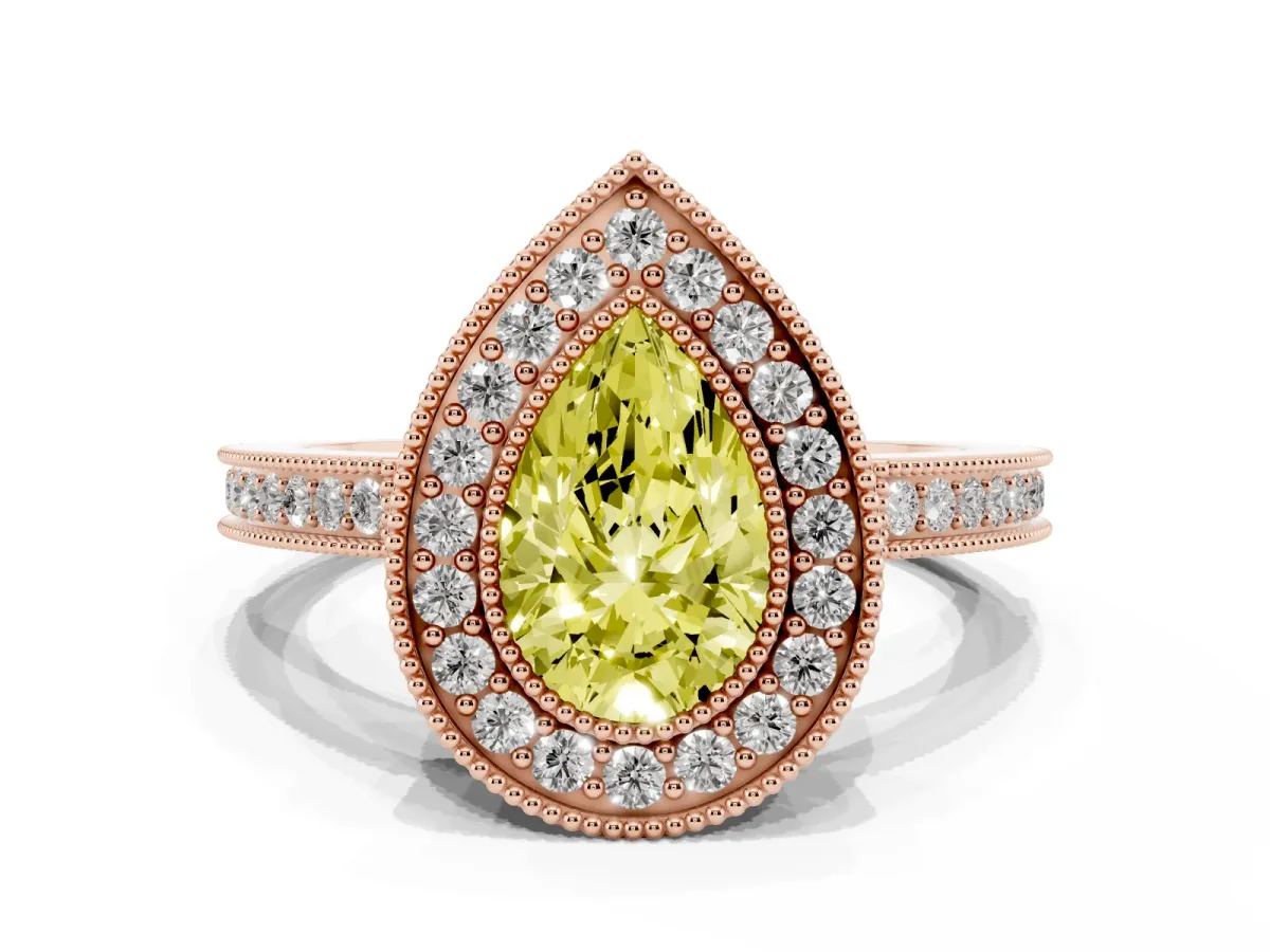 Fancy Yellow Pear Cut Cut Halo Diamond Ring with Pavé Band and Milgrain Prong Setting Rose gold