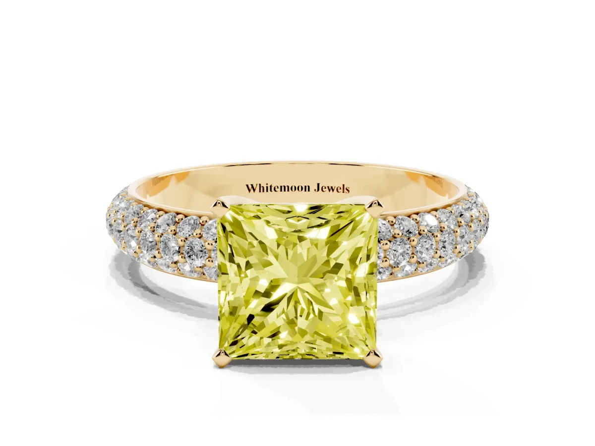 Fancy Yellow Princess Cut Diamond Solitaire Ring with Prong Setting and Pavé Band Yellow gold