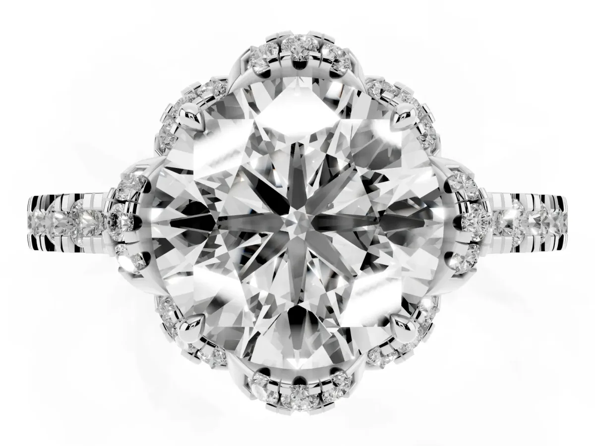 Round Cut Diamond Halo Pave Band with Four-Prong Setting Silver