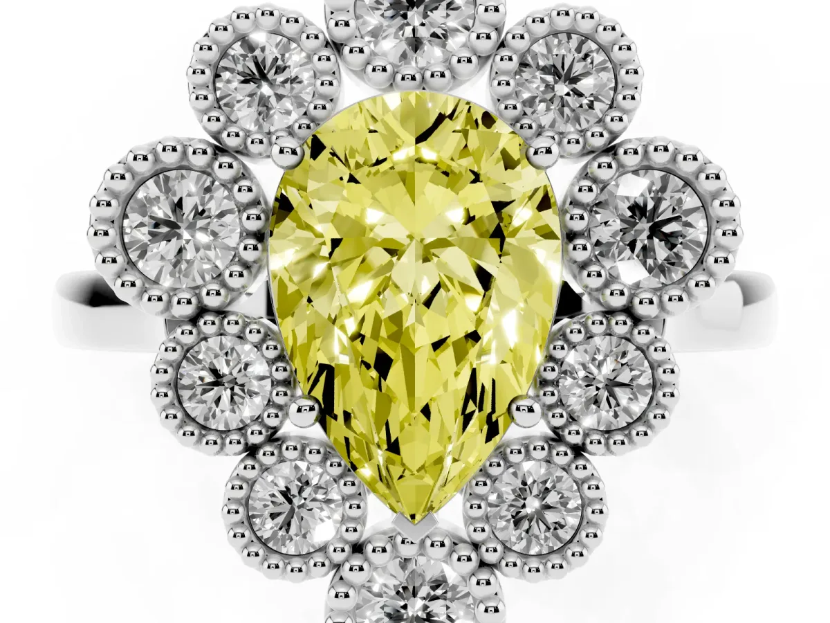 Fancy Yellow Pear Cut Halo Diamond Cluster Engagement Ring with Milgrain Bezel Setting and Solitaire Band Platinum