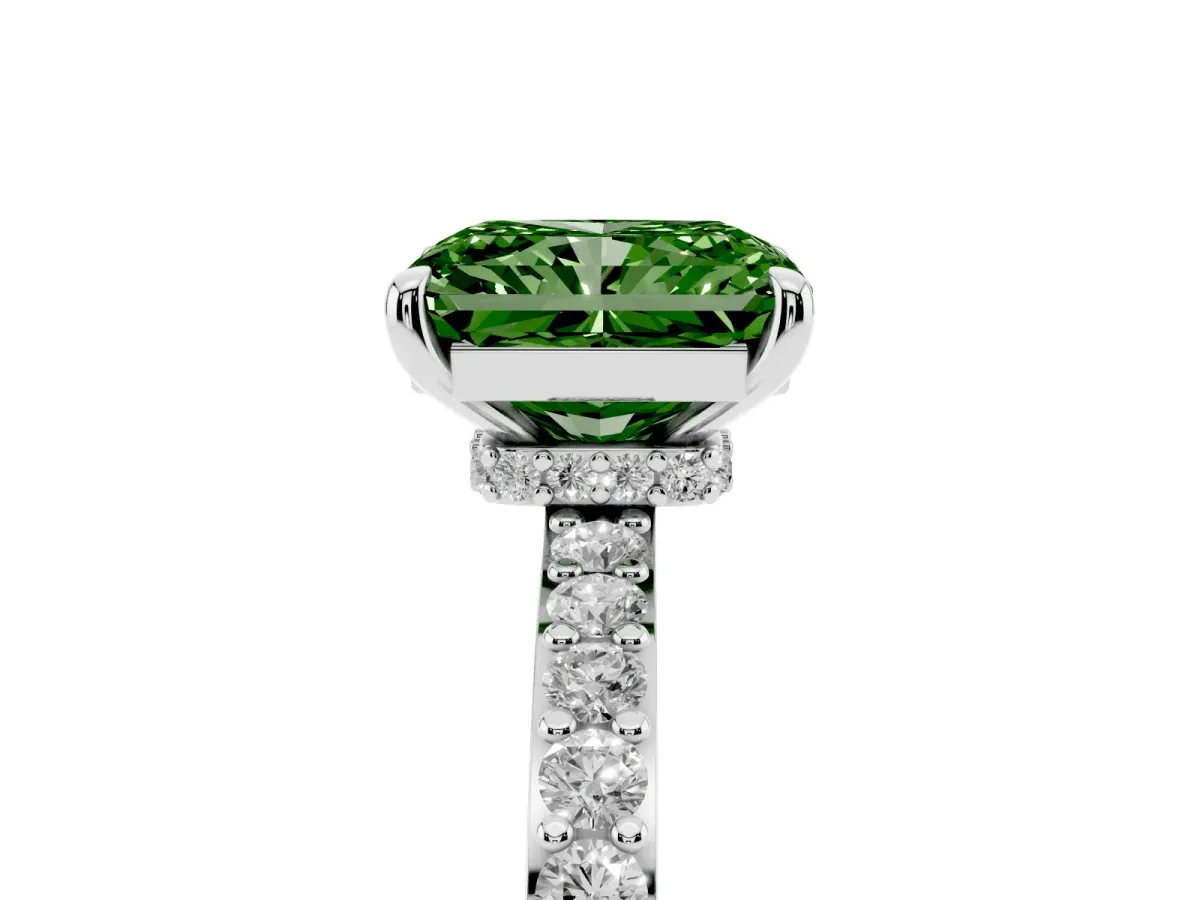 Fancy Green Radiant Cut Diamond Pavé Engagement Ring with Round Accents and Prong Setting Platinum