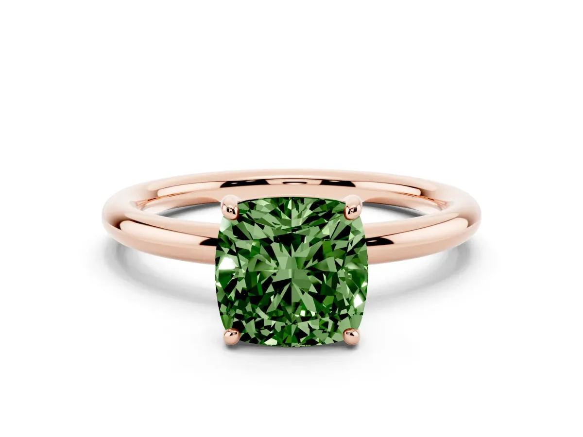 Fancy Green Cushion Cut Solitaire Diamond Ring with Four-Prong Setting on a Plain Band Rose gold