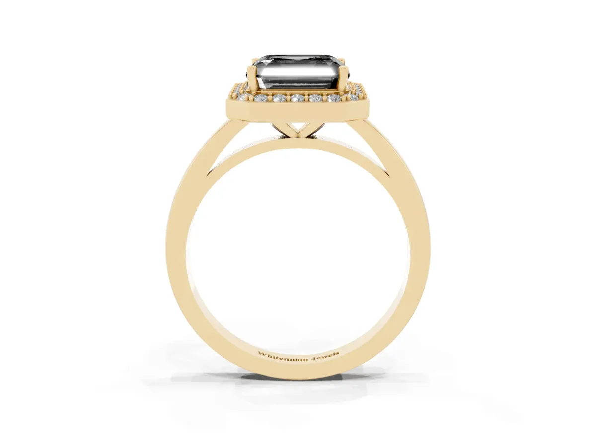 Fancy Black Asscher Cut Halo Diamond Ring with Solitaire Band and Prong Setting Yellow gold