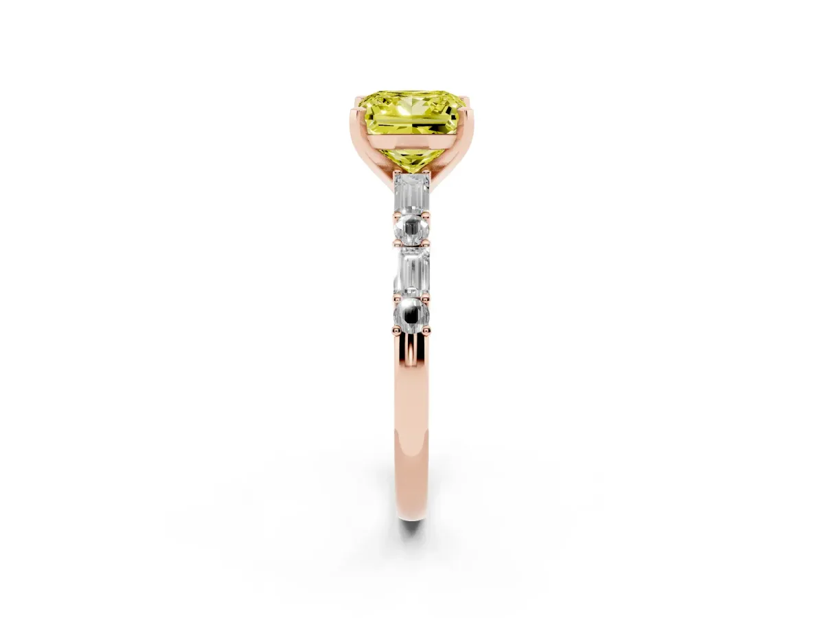 Fancy Yellow Princess Cut Diamond Solitaire with Side Baguettes and Channel Set Band Rose gold