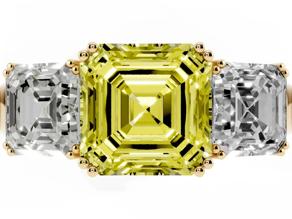 Fancy Yellow Three-Stone Asscher Cut Cut Diamond Ring with Channel Set Band and Four-Prong Setting Yellow gold