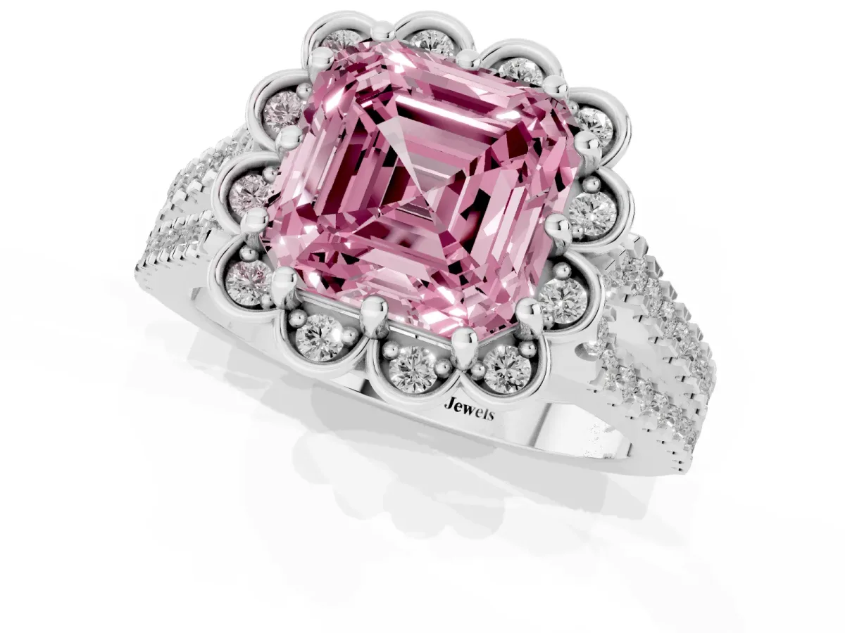 Fancy Pink Asscher Cut Halo Diamond Floral Split Shank Engagement Ring Silver