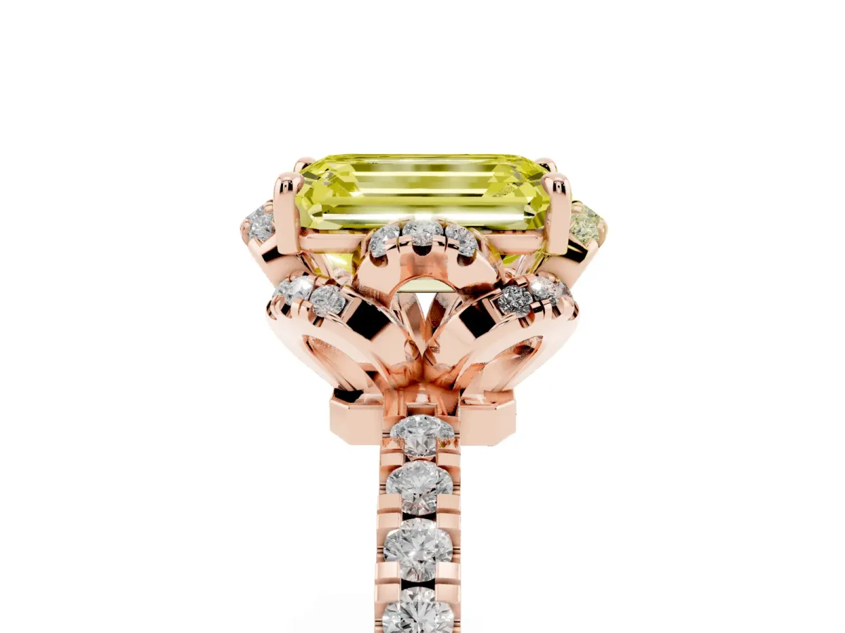 Fancy Yellow Emerald Cut Halo Diamond Pave Band Ring with Four-Prong Setting Rose gold