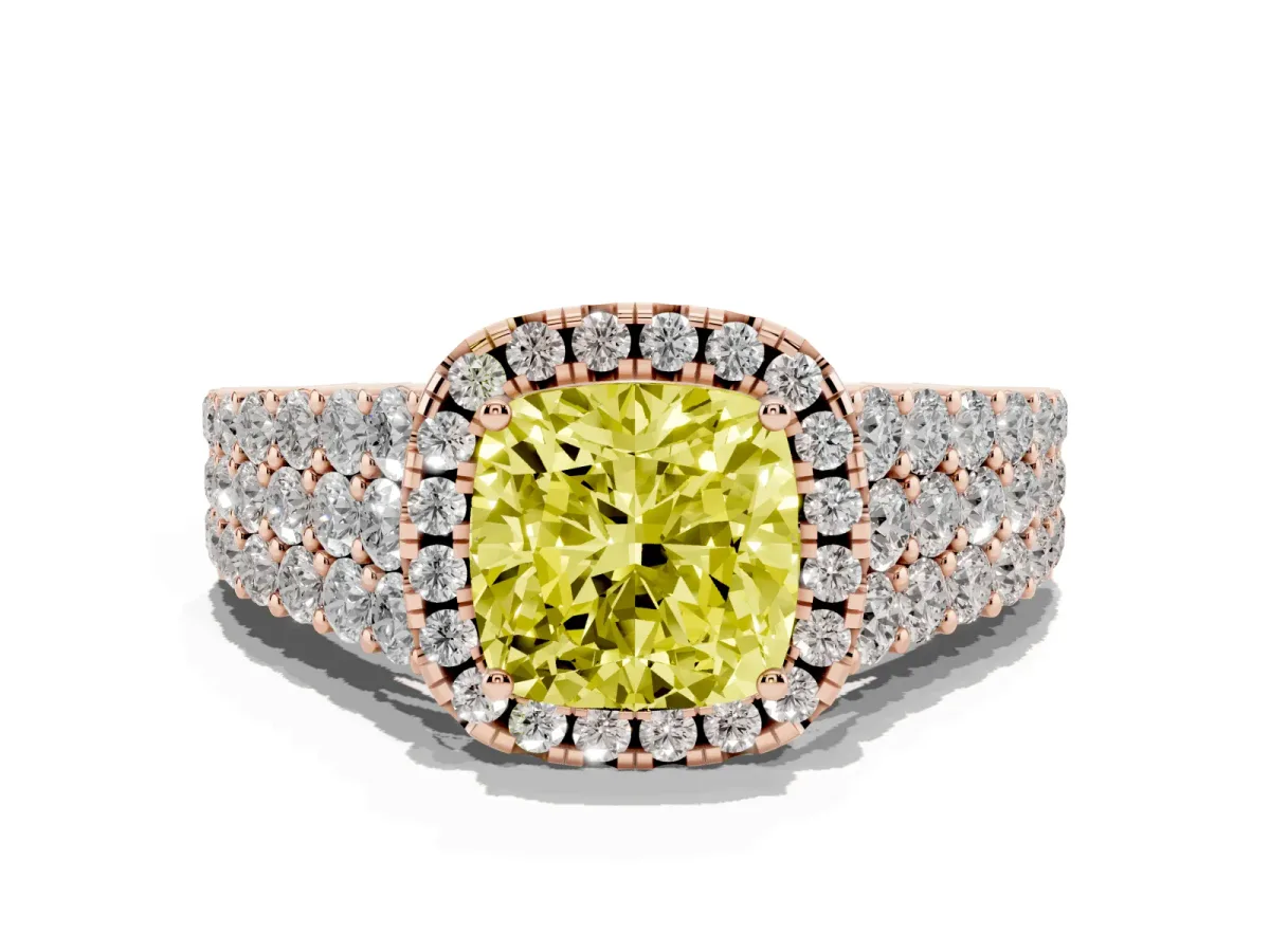 Fancy Yellow Cushion Cut Diamond Halo Engagement Ring with Triple Row Round Pavé Band and Prong Setting Rose gold