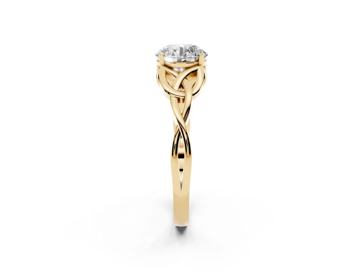 Round Cut Diamond Solitaire Engagement Ring with Celtic Knot Band and Four-Prong Setting Yellow gold