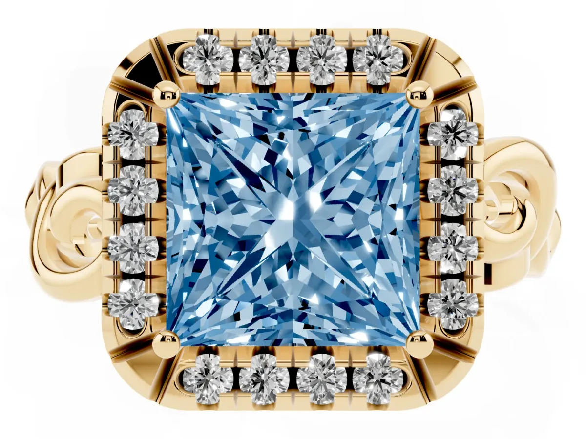 Fancy Blue Princess Cut Cut Halo Diamond Ring with Scrollwork Band and Four-Prong Setting Yellow gold