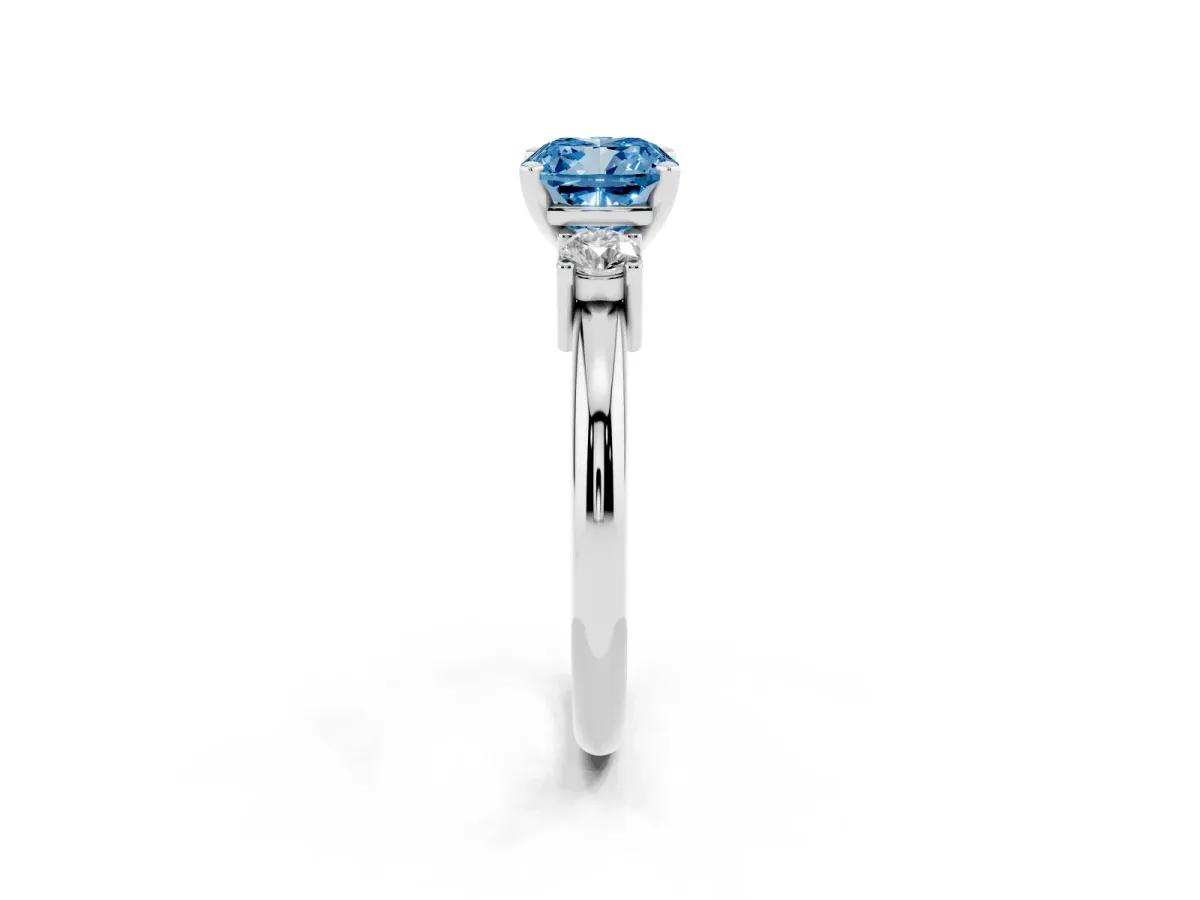 Fancy Blue Three-Stone Cushion Cut Cut Diamond Solitaire with Prong Setting and Classic Band Silver
