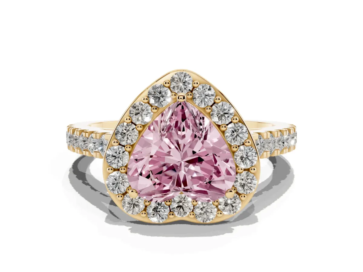 Fancy Pink Heart Cut Diamond Halo Ring with Round Pavé Split Shank and Prong Setting Yellow gold