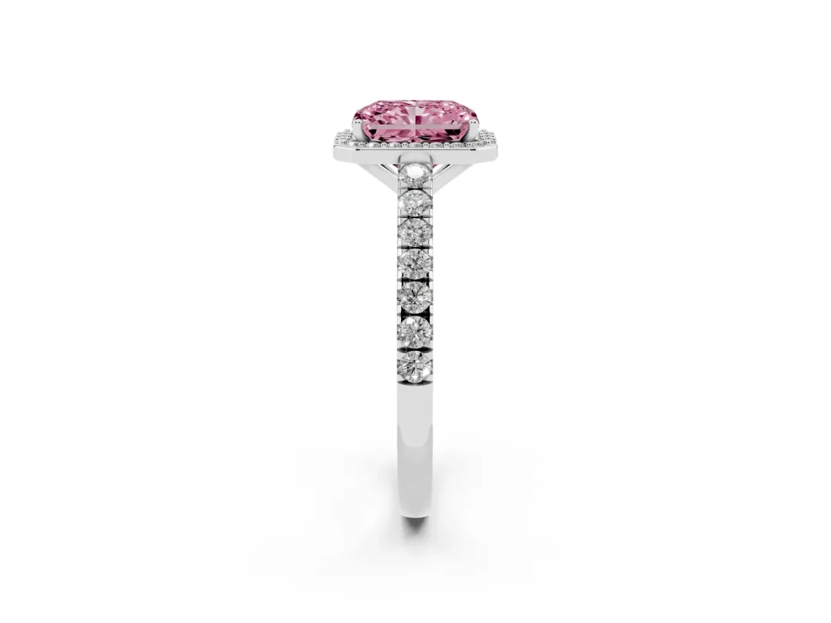 Fancy Pink Radiant Cut Cut Halo Diamond Engagement Ring with Pave Band and Four-Prong Setting Platinum