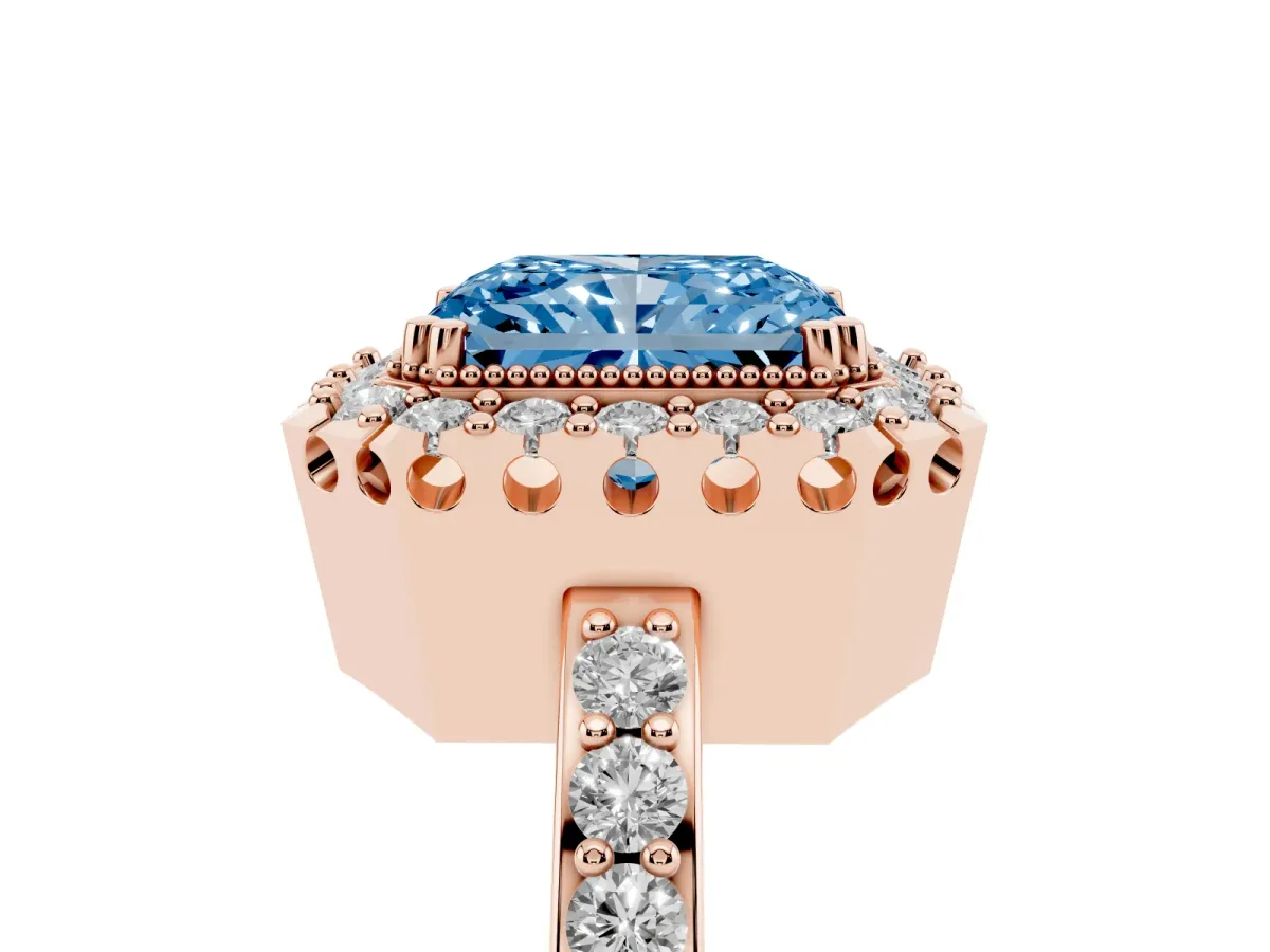 Fancy Blue Radiant Cut Diamond Halo Ring with Pavé Band and Prong Setting Rose gold