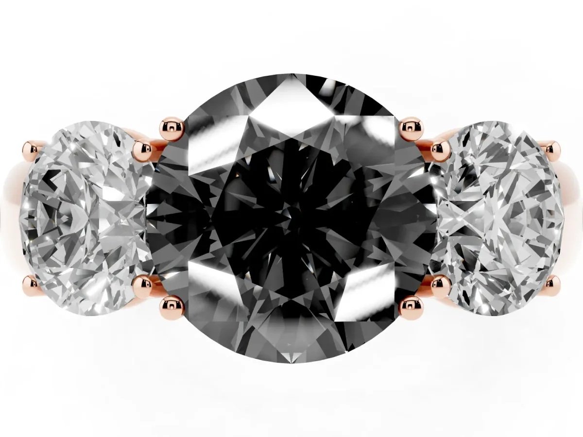 Fancy Black Three-Stone Round Cut Cut Diamond Ring with Prong Setting and Classic Band Rose gold