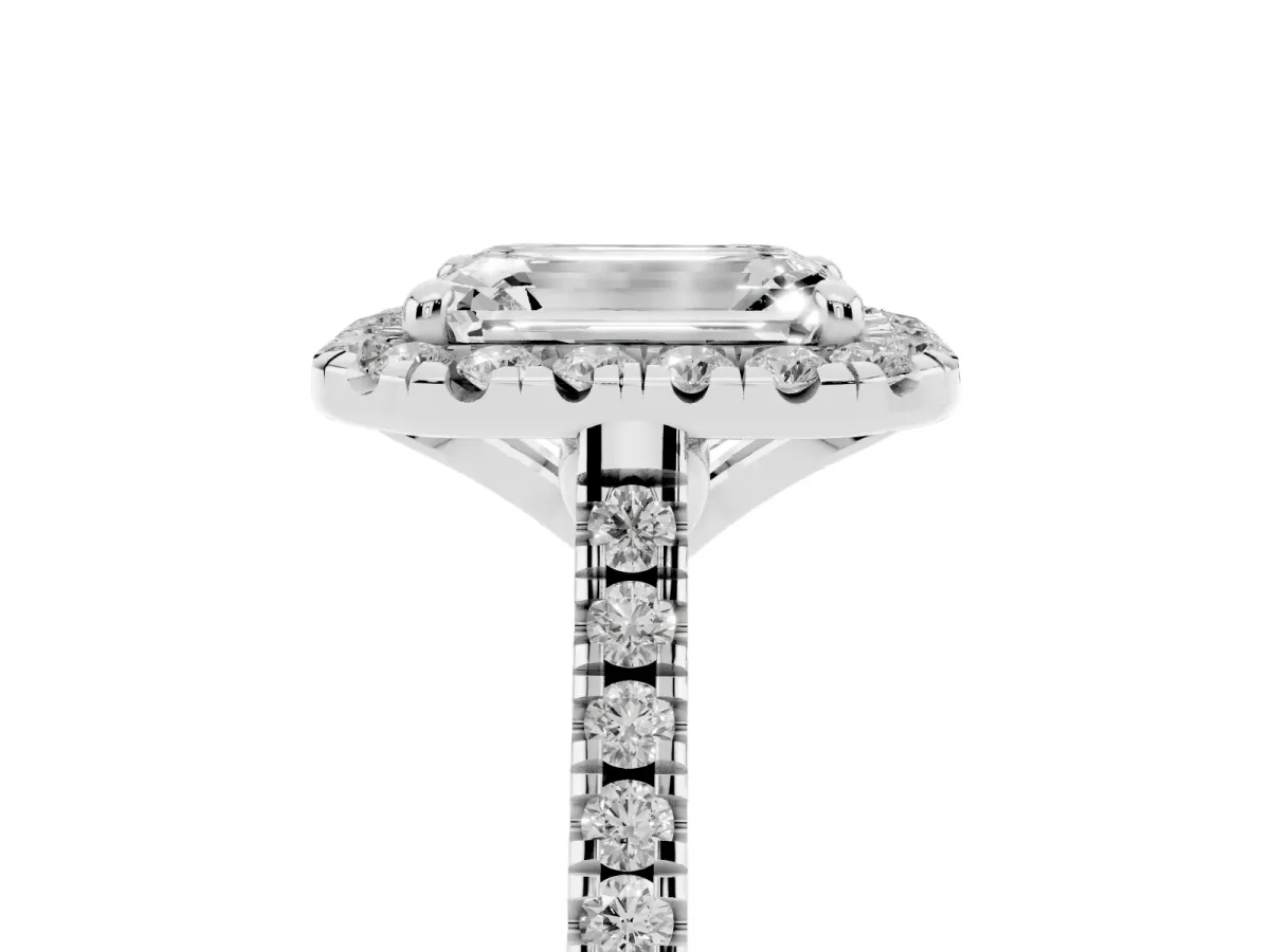 Emerald Cut Diamond Cushion Halo Ring with Pavé Band Silver