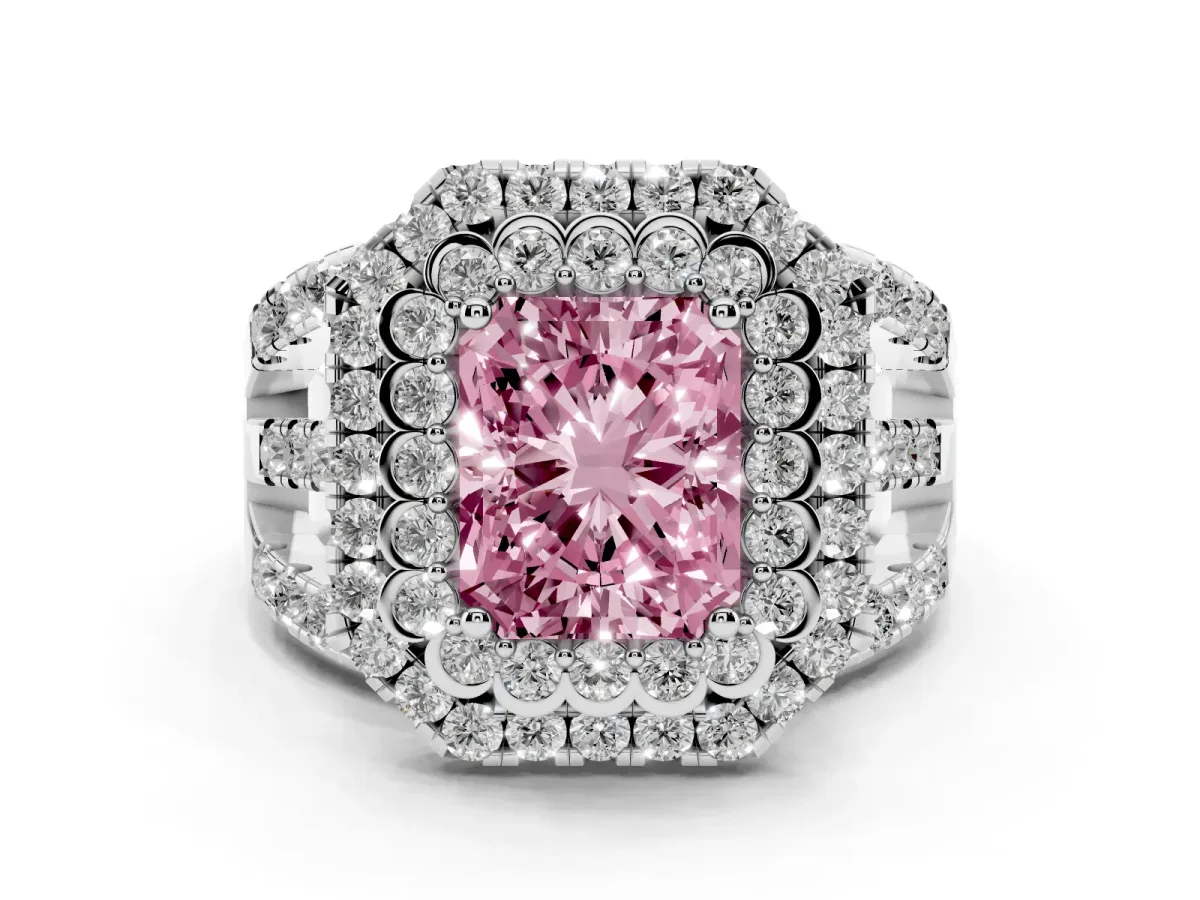 Fancy Pink Radiant Cut Diamond Double Halo Ring with Round Pavé Split Shank and Prong Setting Silver