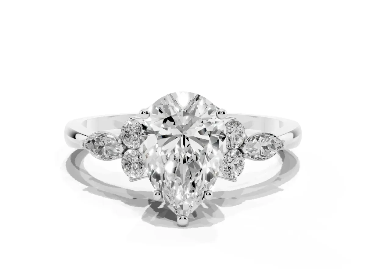 Pear Cut Brilliant Diamond Solitaire Ring with Pear Side Stones and Four-Prong Setting Silver