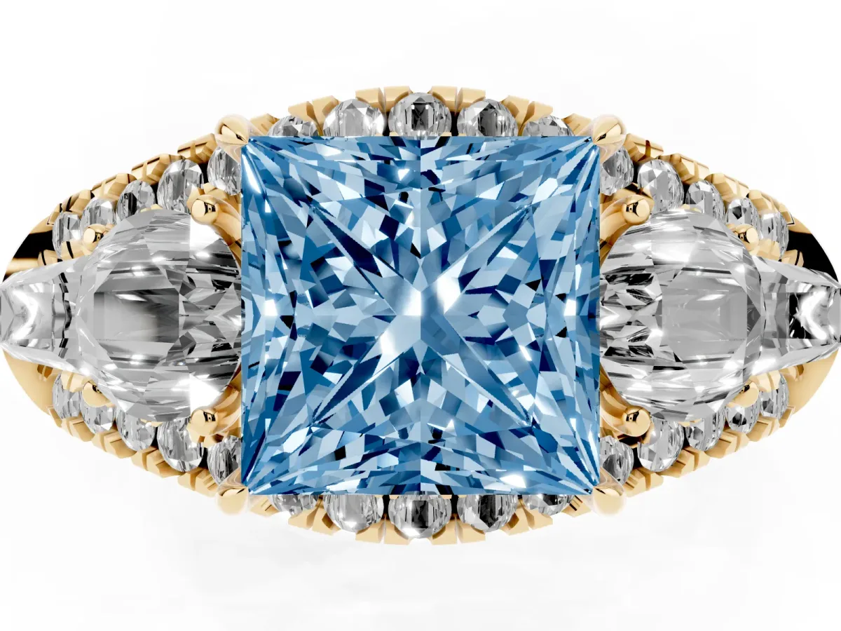 Fancy Blue Three-Stone Princess Cut Diamond Engagement Ring with Pave Band and Prong Setting Yellow gold