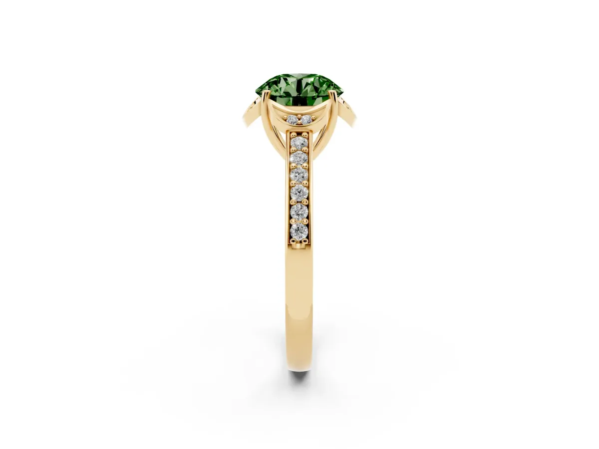 Fancy Green Round Cut Cut Halo Diamond Ring with Channel Set Band and Four-Prong Setting Yellow gold