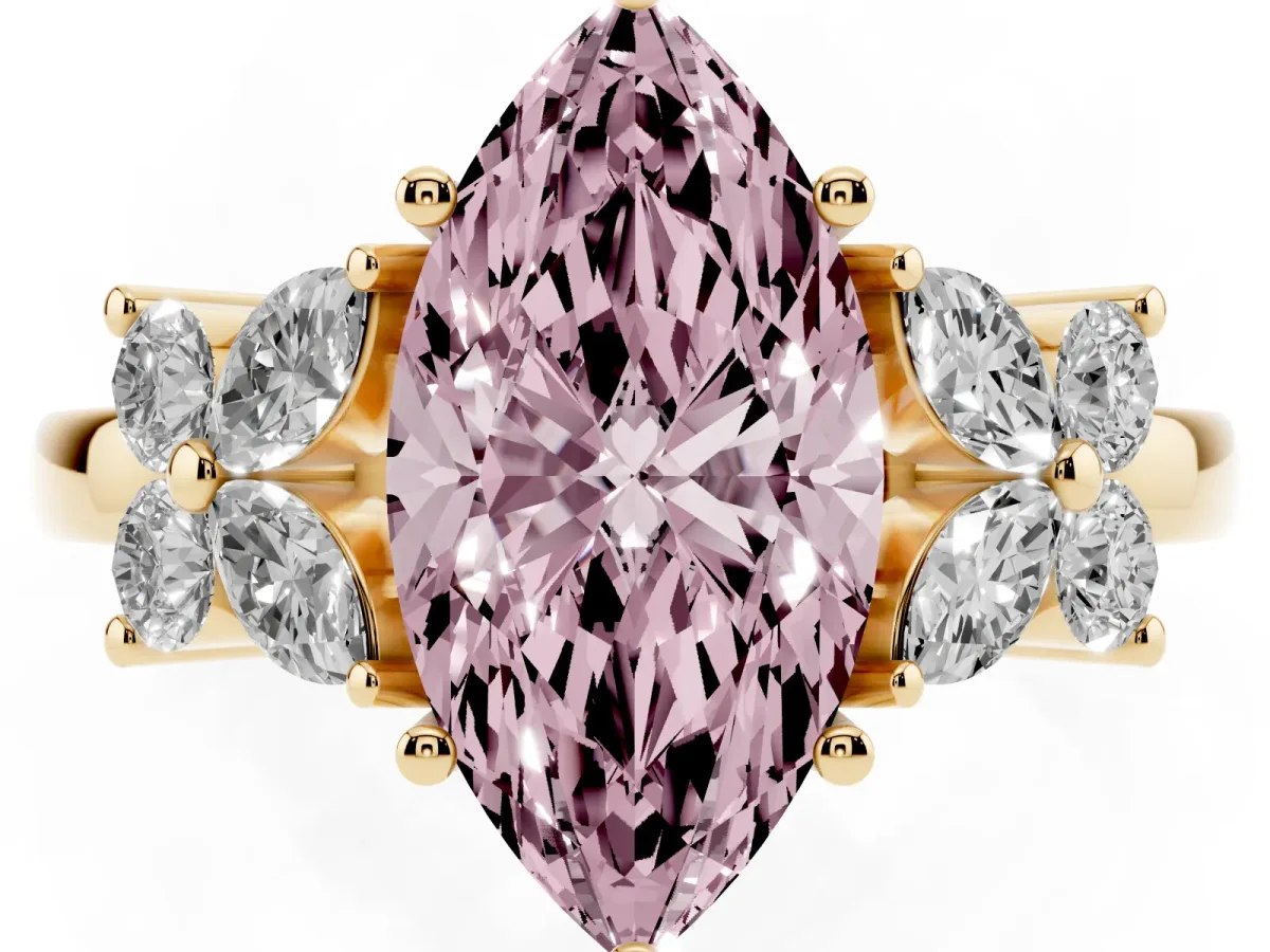 Fancy Pink Marquise Cut Diamond Floral Cluster Ring with Solitaire Band and Prong Setting Yellow gold