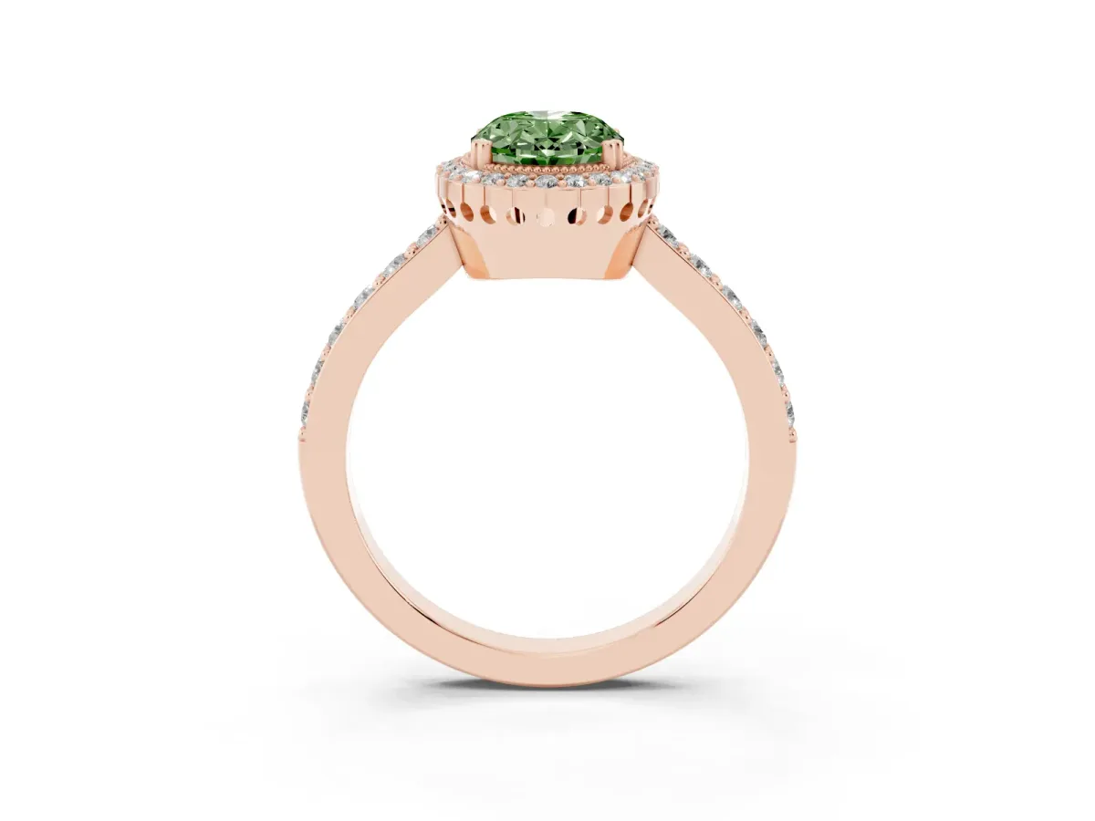Fancy Green Oval Cut Cut Diamond Halo Engagement Ring with Milgrain Detail and Pavé Band Rose gold